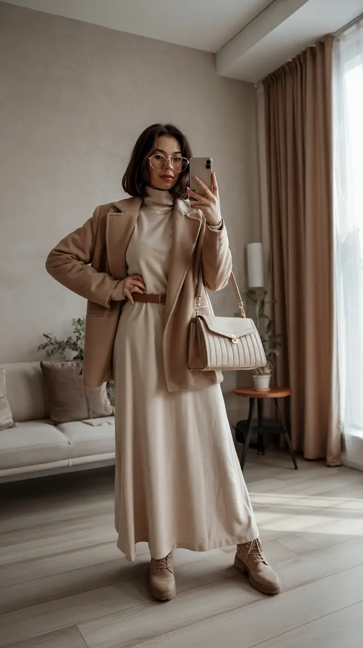 early winter outfits Monochrome Elegance with Feminine Flow