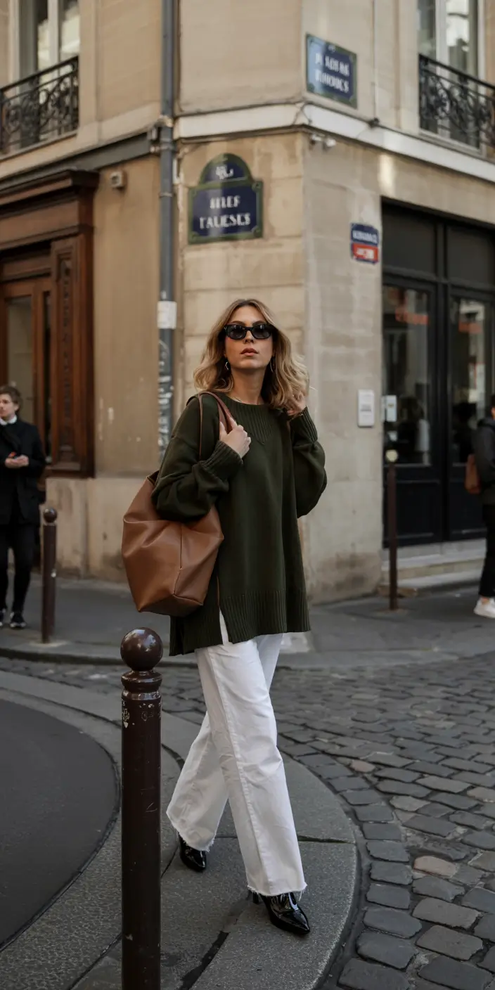 early winter outfits olive white contrast