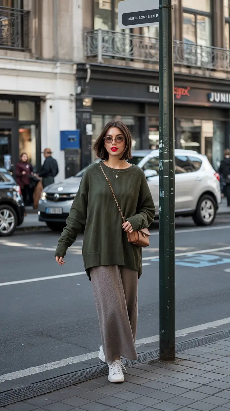 early winter outfits oversized olive knit