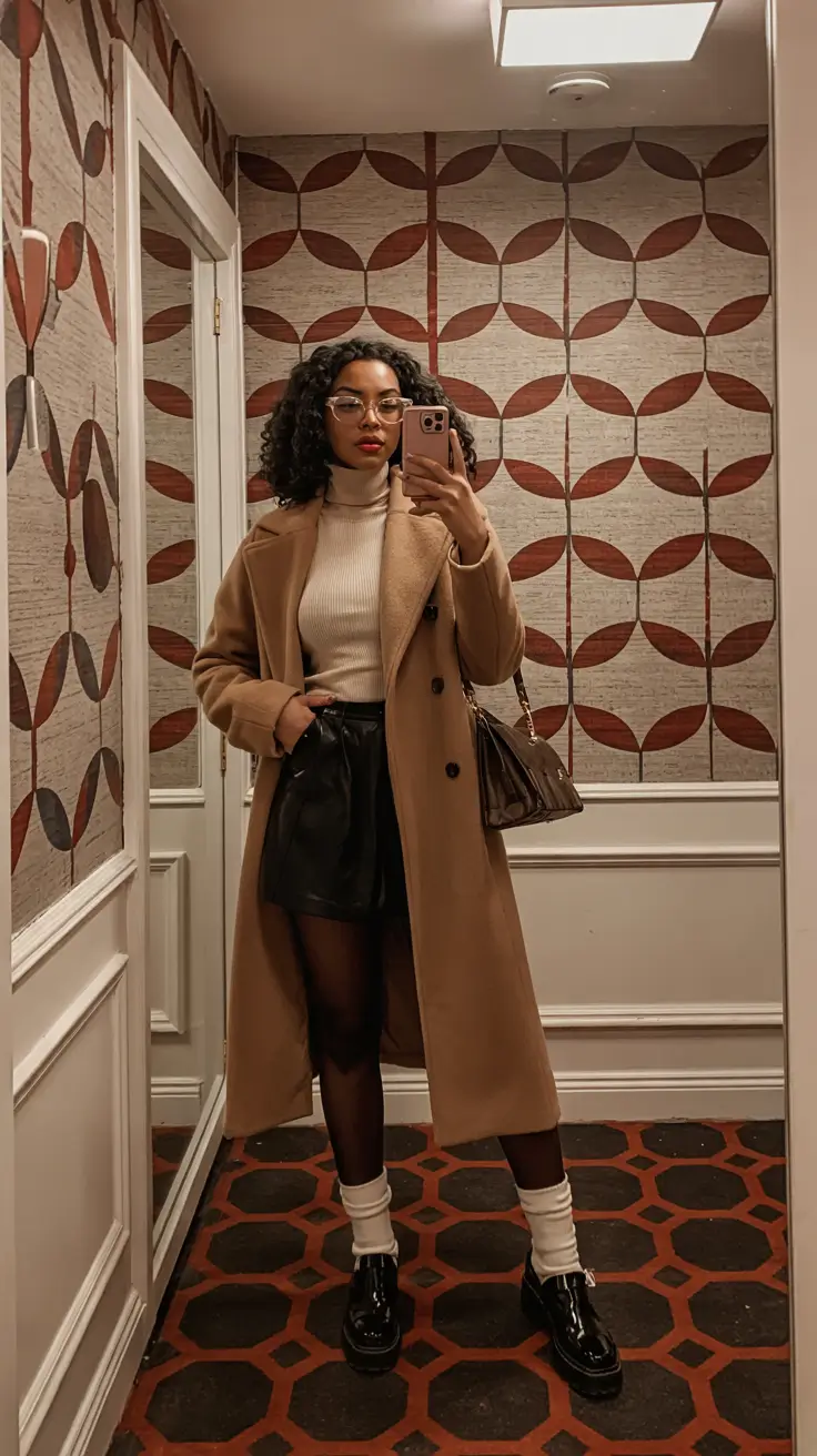 fall winter outfits 2025 Cozy Neutrals with Black Leather Shorts