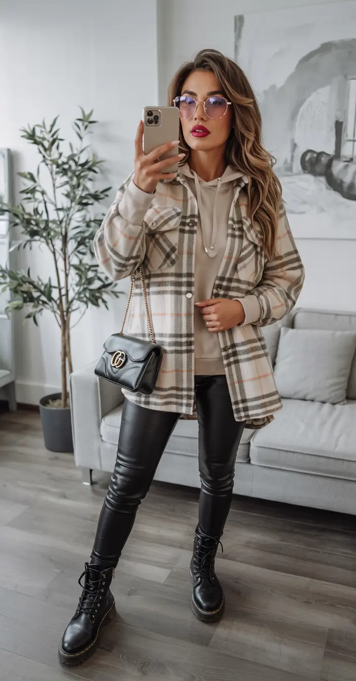 fall winter outfits 2025 Plaid Shacket with Leather Edge