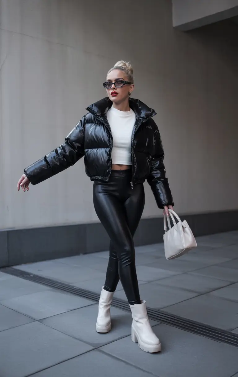 fall winter outfits 2025 Glossy Puffer with Monochrome Edge