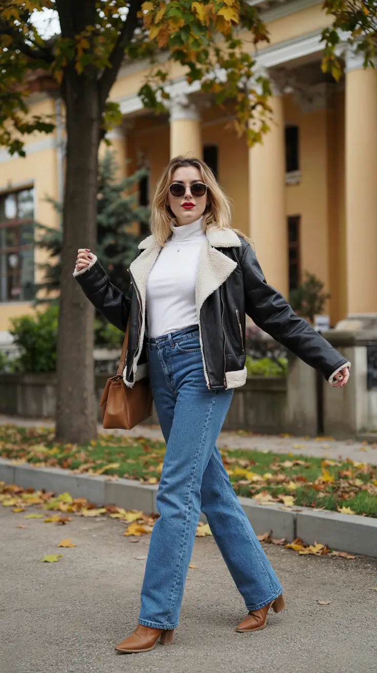 fall winter outfits 2025 Shearling Jacket with Denim Classic