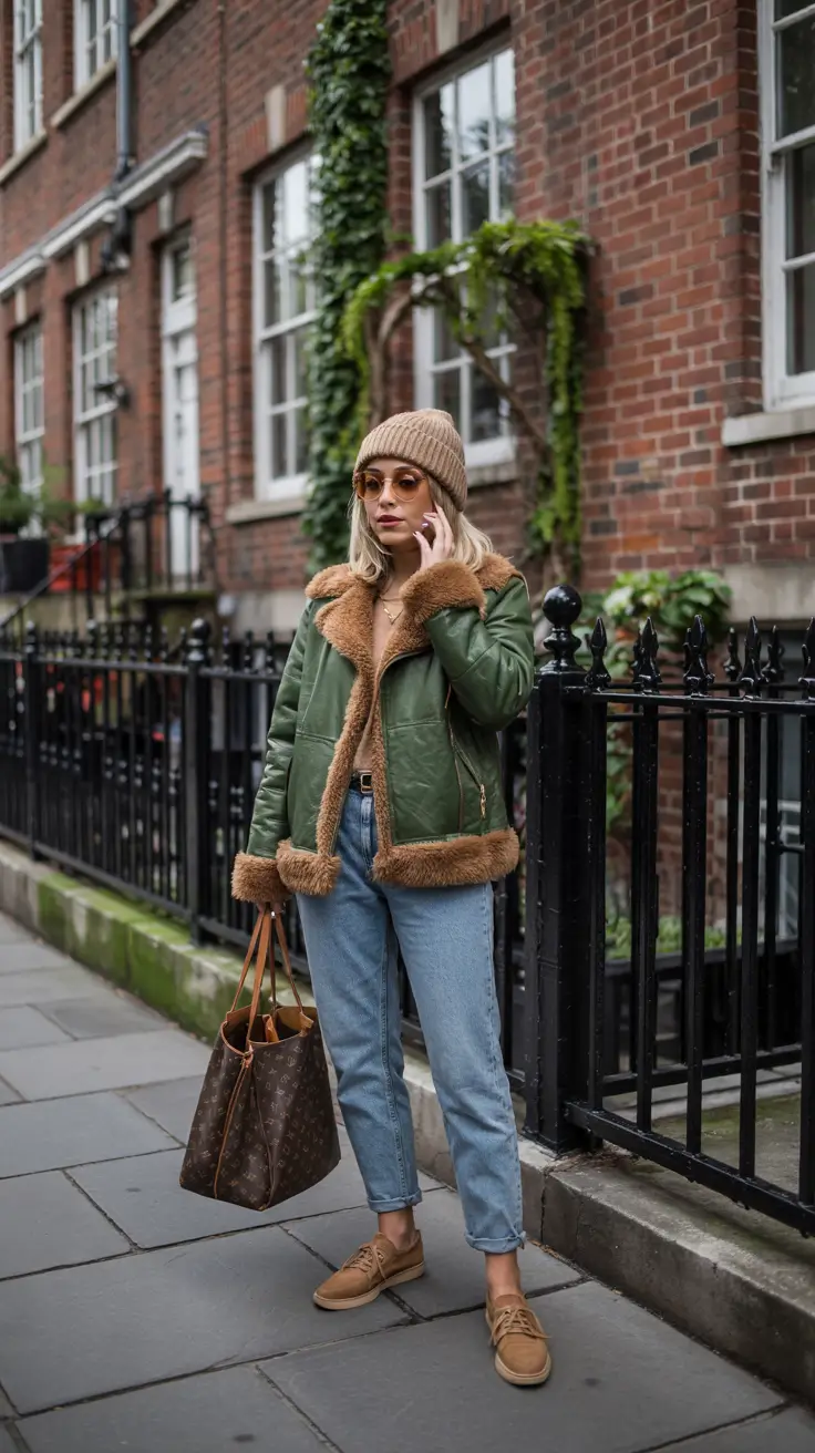 trendy winter outfits Shearling-Lined Green Aviator