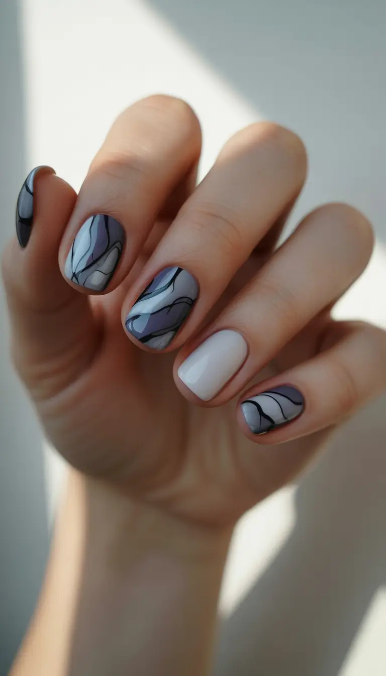 dark winter nails lavender marble drift