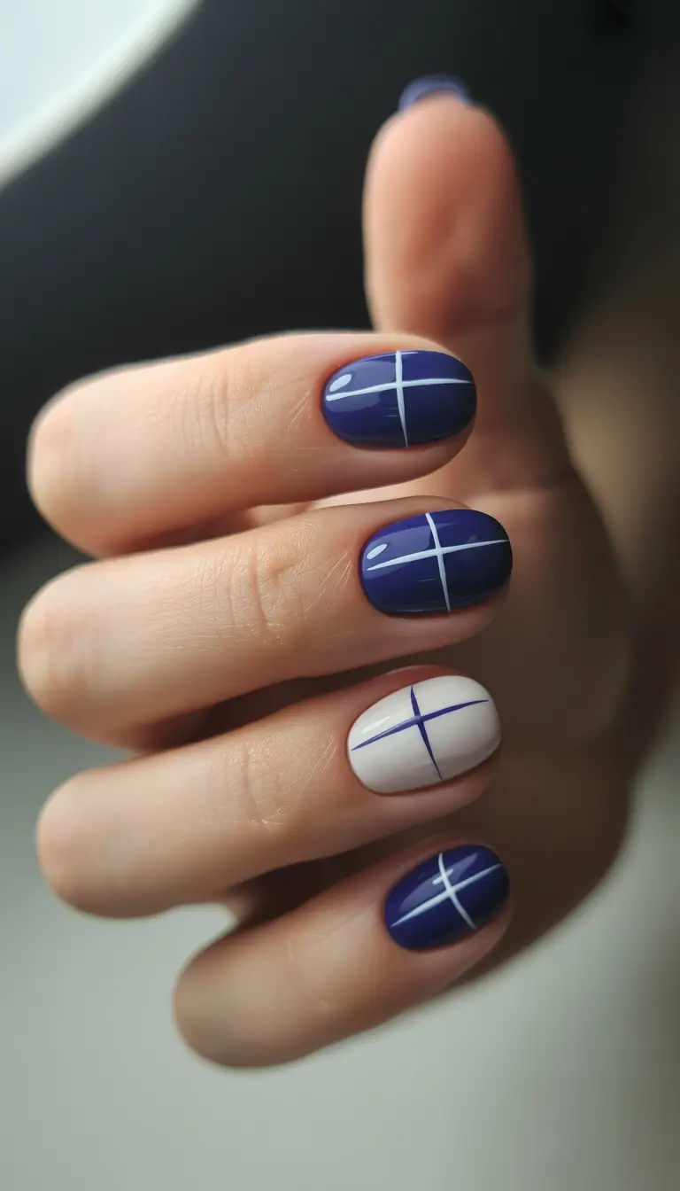 dark winter nails short blue frost lines