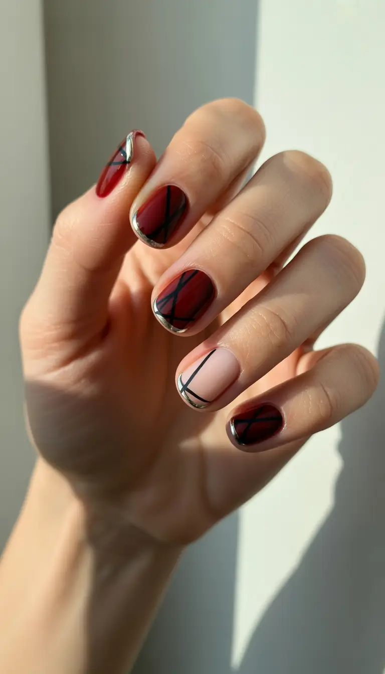 dark winter nails 2025 burgundy chrome lines