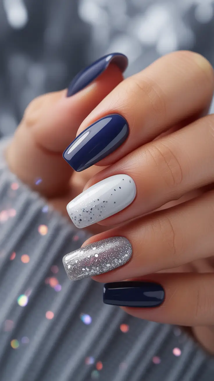blue winter nails Classic Navy White and Silver Trio