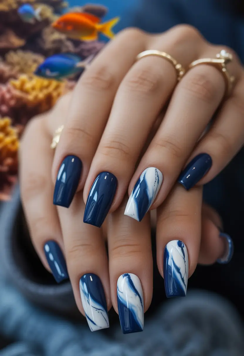 blue winter nails Modern Marble Meets Deep Blue