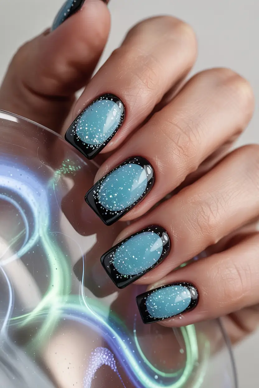 blue winter nails Sky Blue Glow with Black Frame