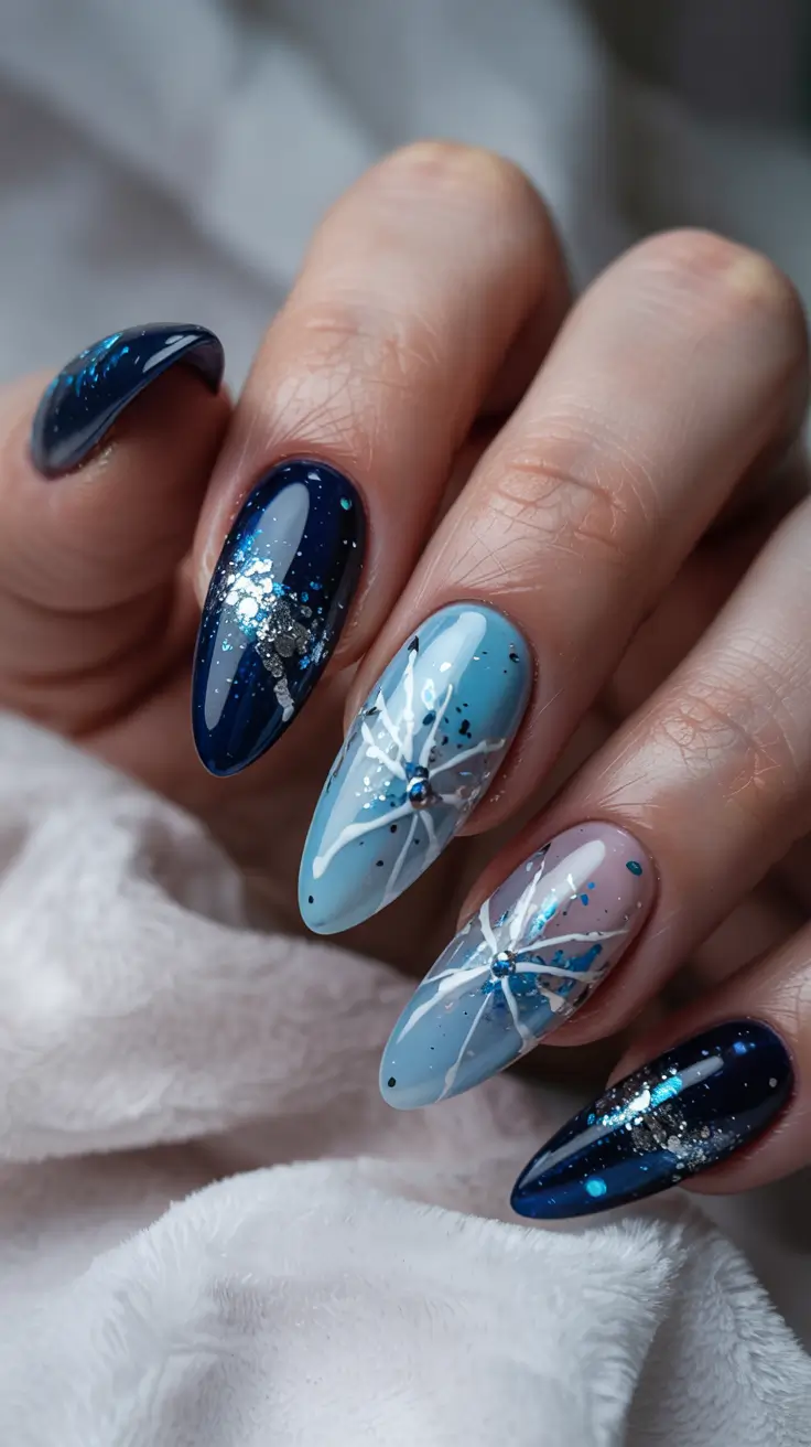 blue winter nails Snowflake Sparkle Gradient