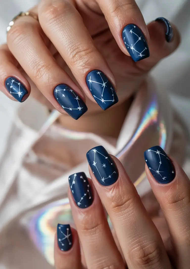 blue winter nails 2025 midnight constellations elegance