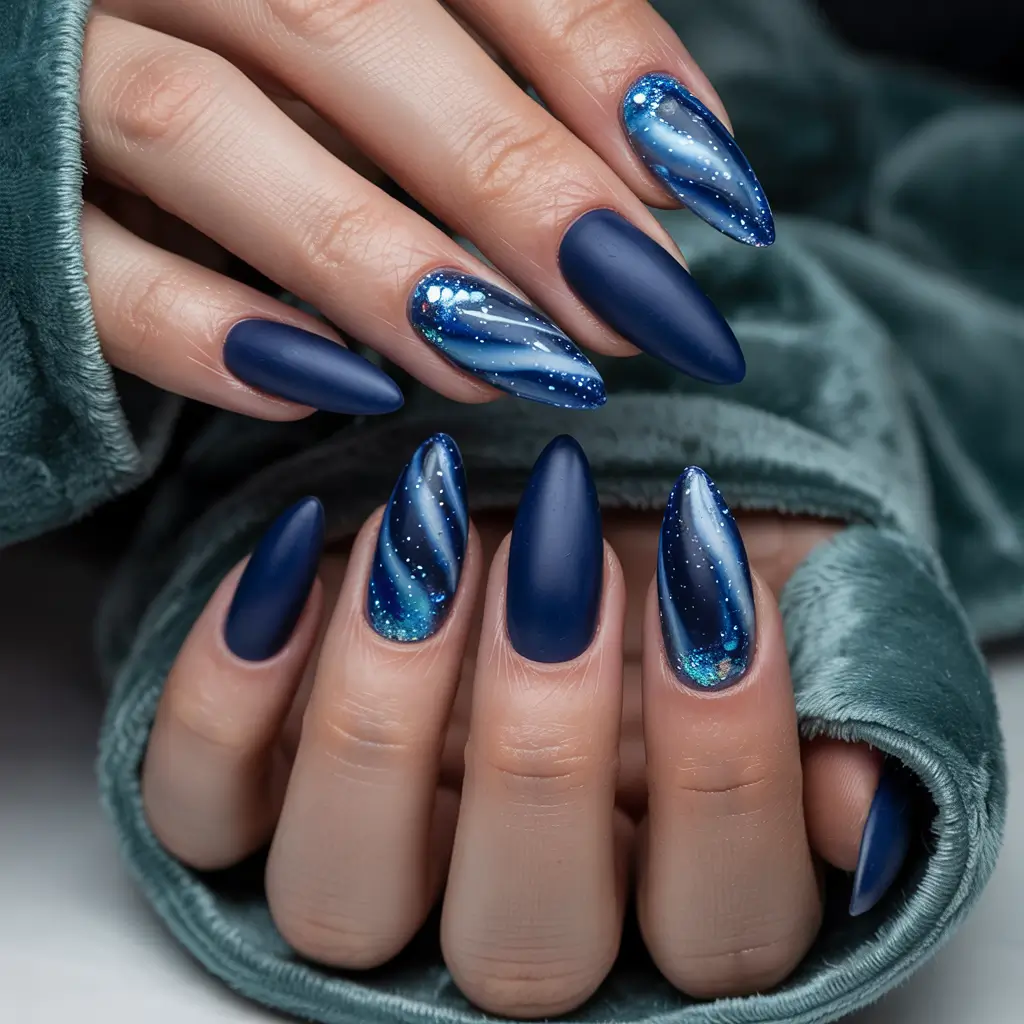 blue winter nails 2025 galaxy swirls on almond tips