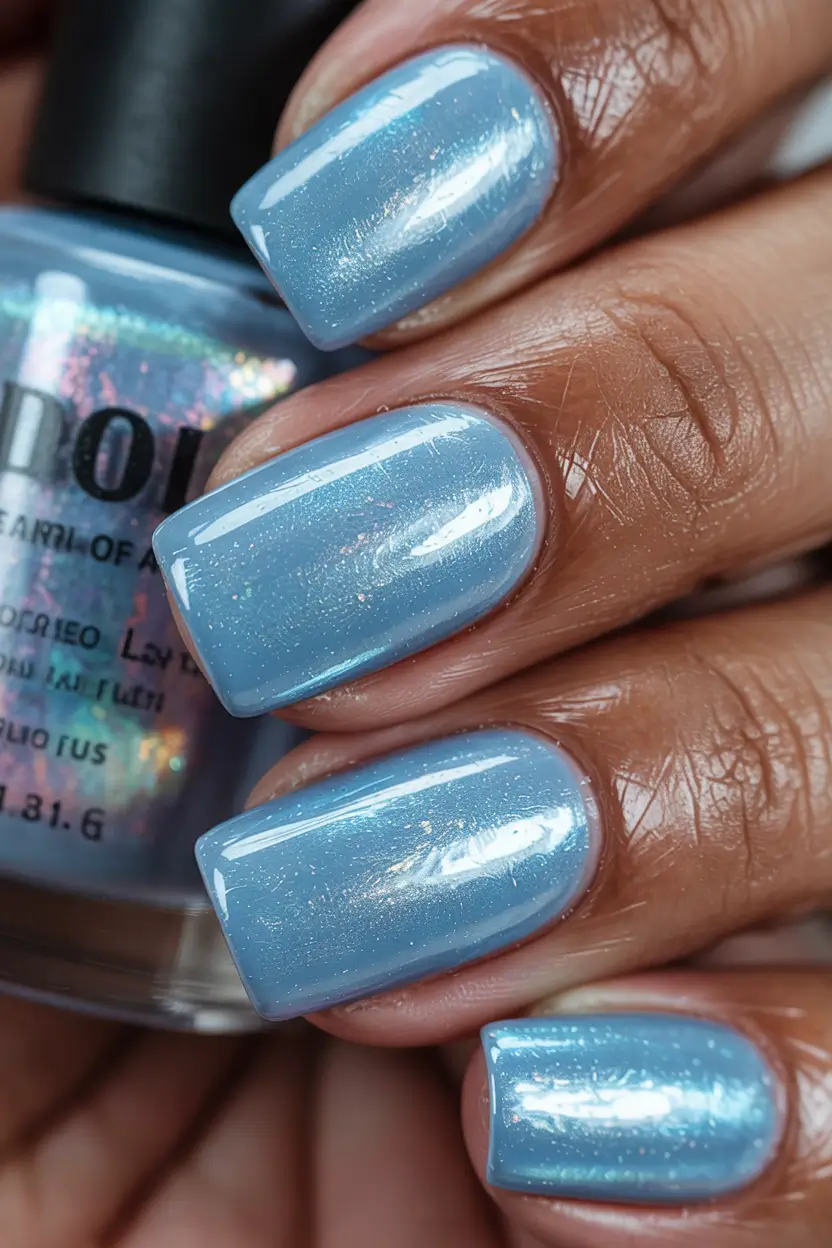 blue winter nails Sky Blue with a Shimmering Frost Finish