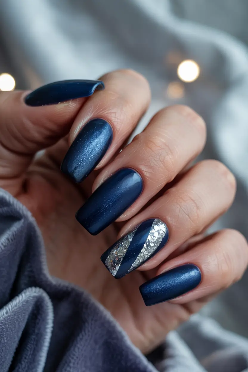 blue winter nails 2025 classic navy with silver twist