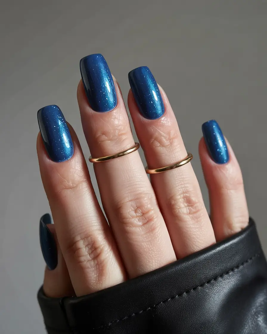 blue winter nails Deep Navy Sparkle with Square Tips