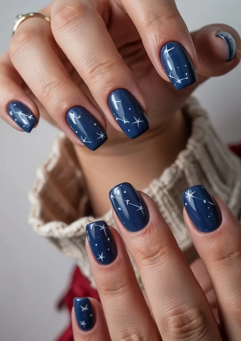 blue winter nails Navy Night Sky with Delicate White Constellations