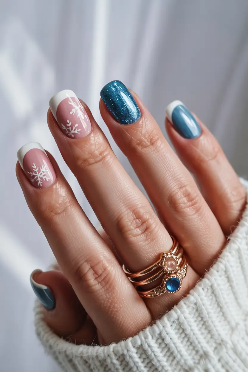 blue winter nails Pink and Blue French with Snowflake Accents