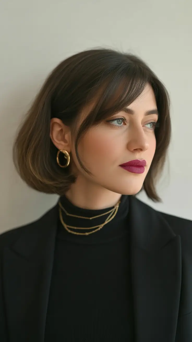 Bob Hairstyles Ideas Winter 2025-2026 Soft Brunette French Bob with Curtain Bangs