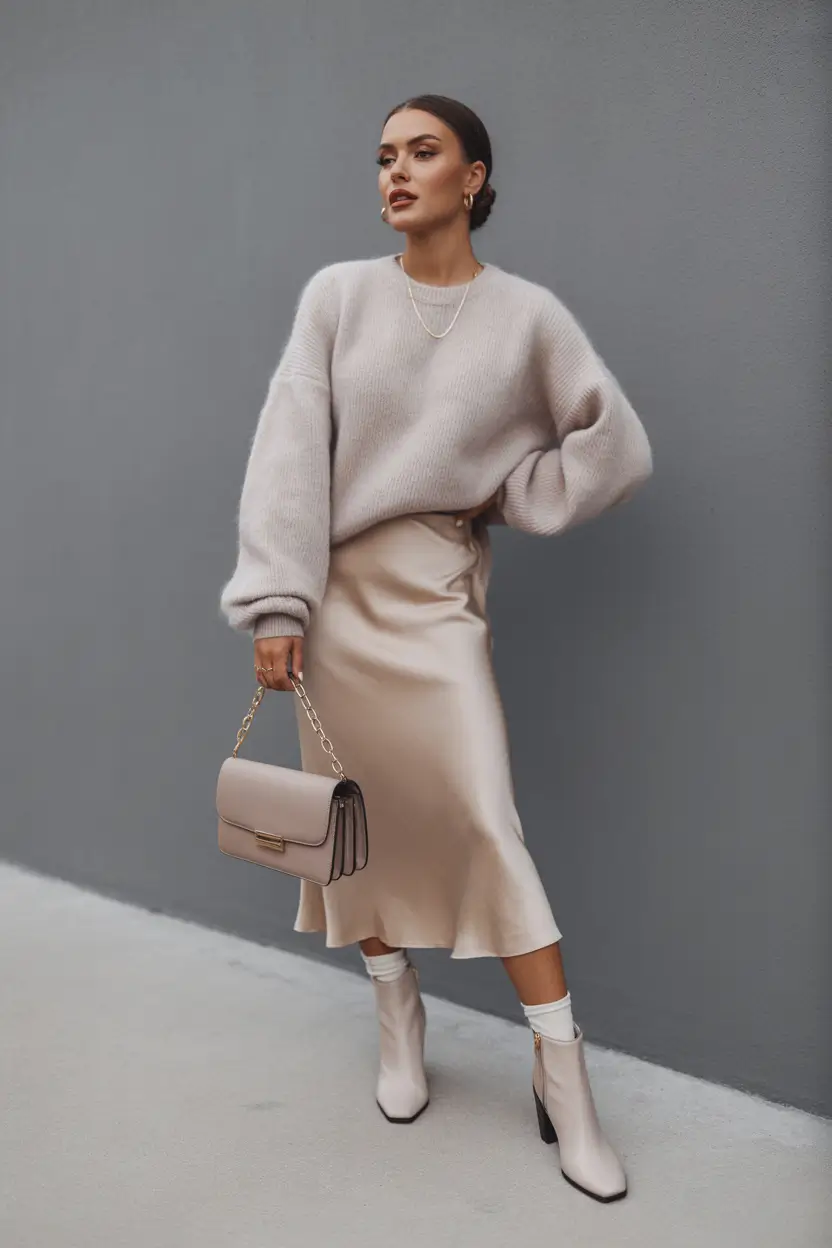 casual outfits for women 2026 muted luxe satin and wool in perfect harmony