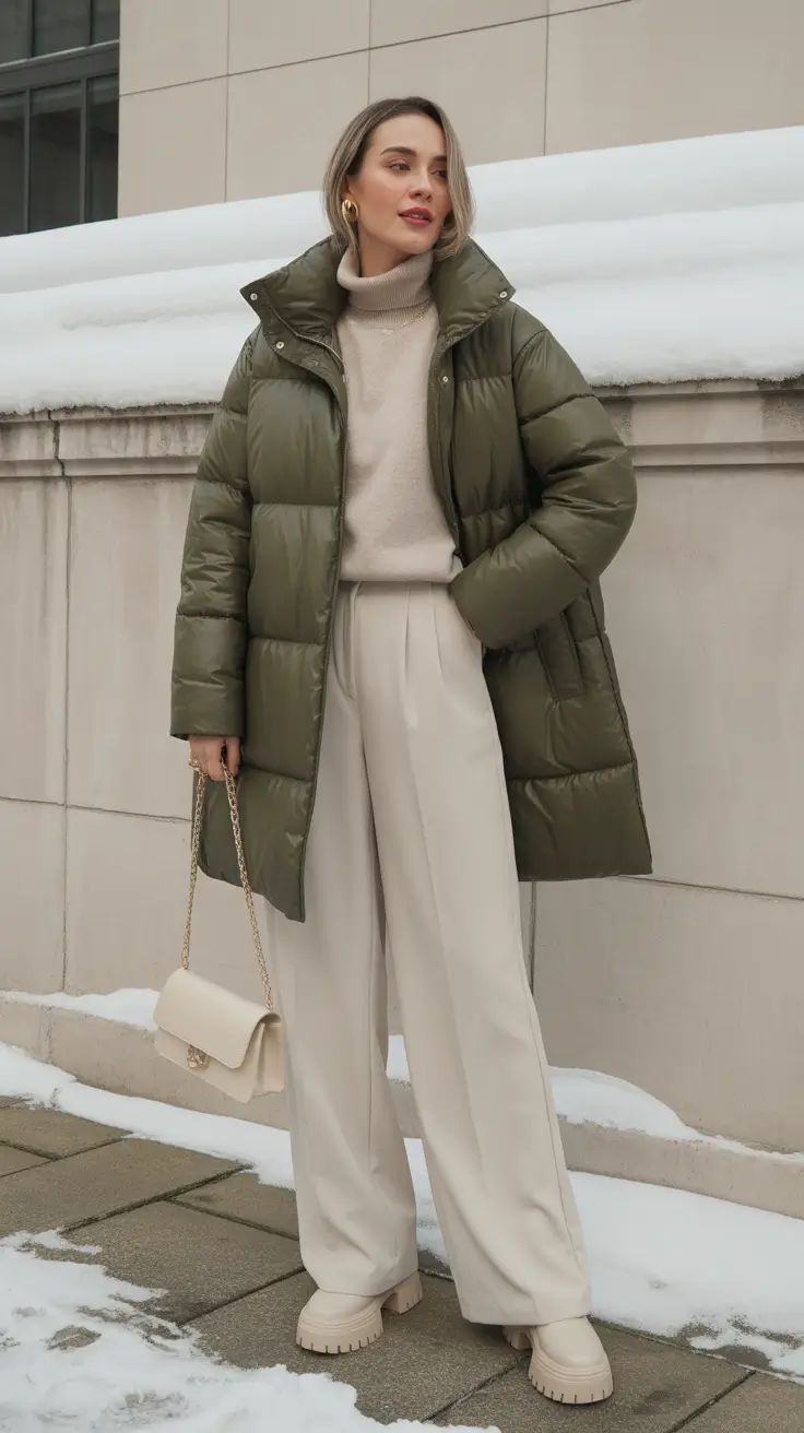 casual winter outfits Elevated Puffer and Tailored Neutrals