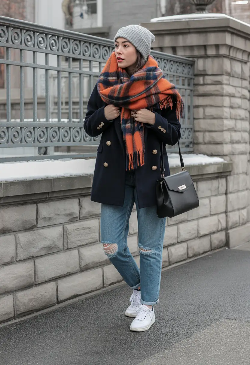 casual winter outfits Classic Navy Layers With a Pop of Personality