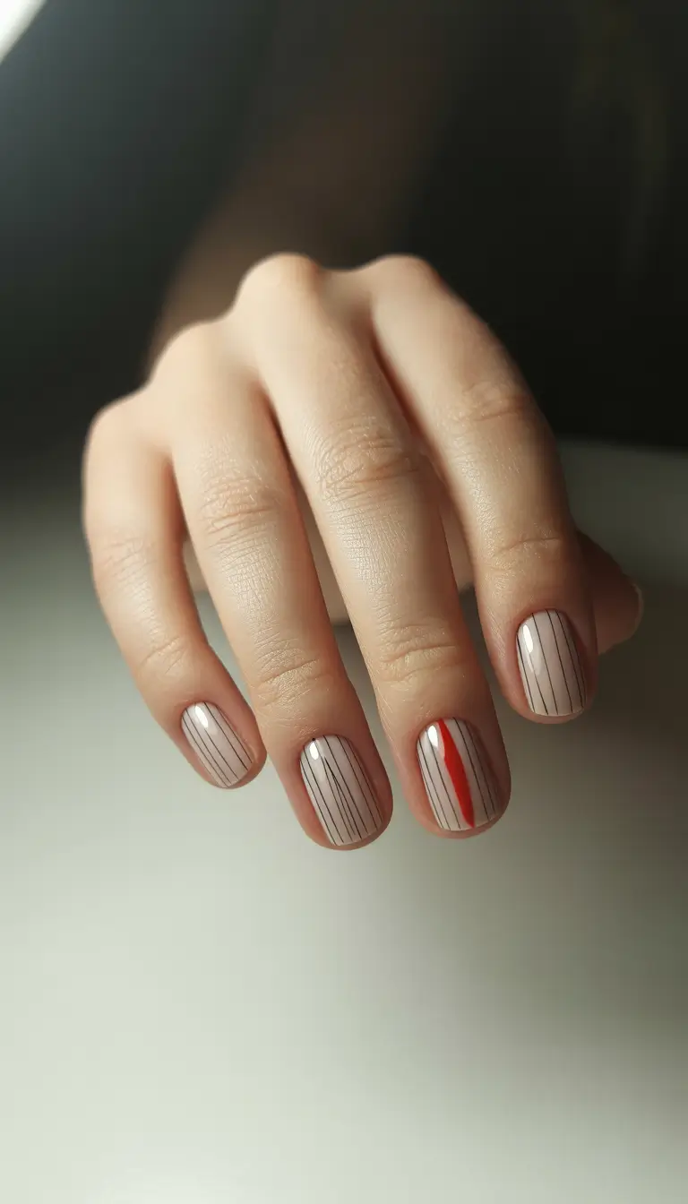 classy winter nails 2025-2026 fine line minimalism with a red detail