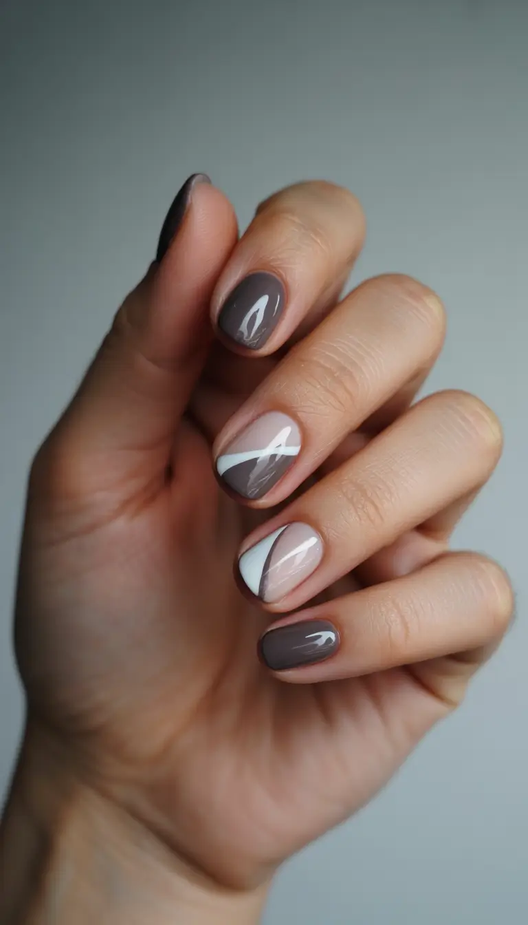 classy winter nails 2025-2026 mocha and white diagonal elegance