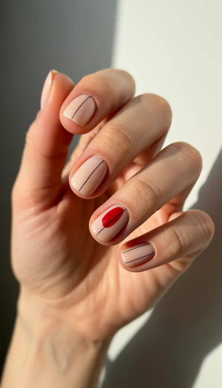 classy winter nails 2025-2026 minimal red accent on nude