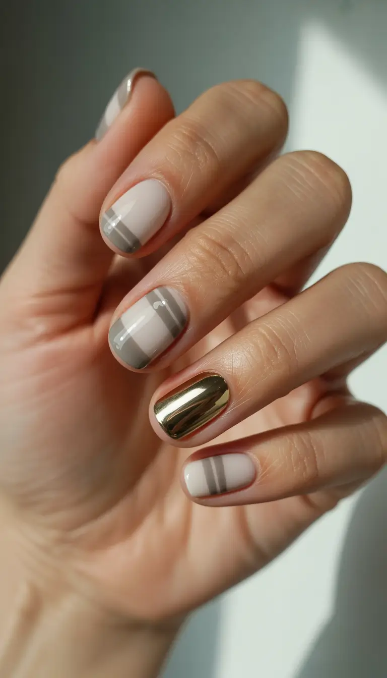 classy winter nails 2025-2026 striped elegance with a gold accent
