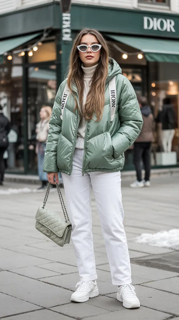 puffer jacket outfit Fresh Green Meets Crisp White
