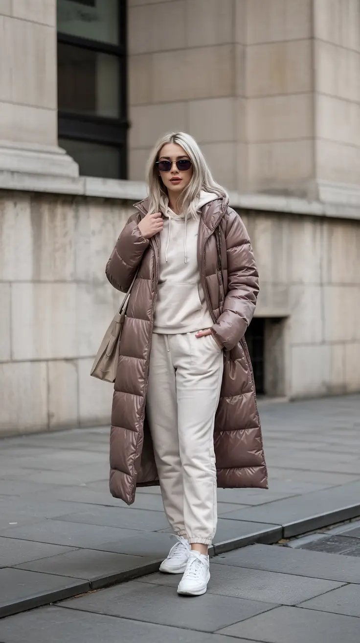 puffer jacket outfit Soft Monochrome in Cream and Cocoa