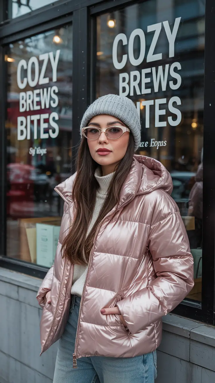 puffer jacket outfit Shimmering Pink for Frosty Days