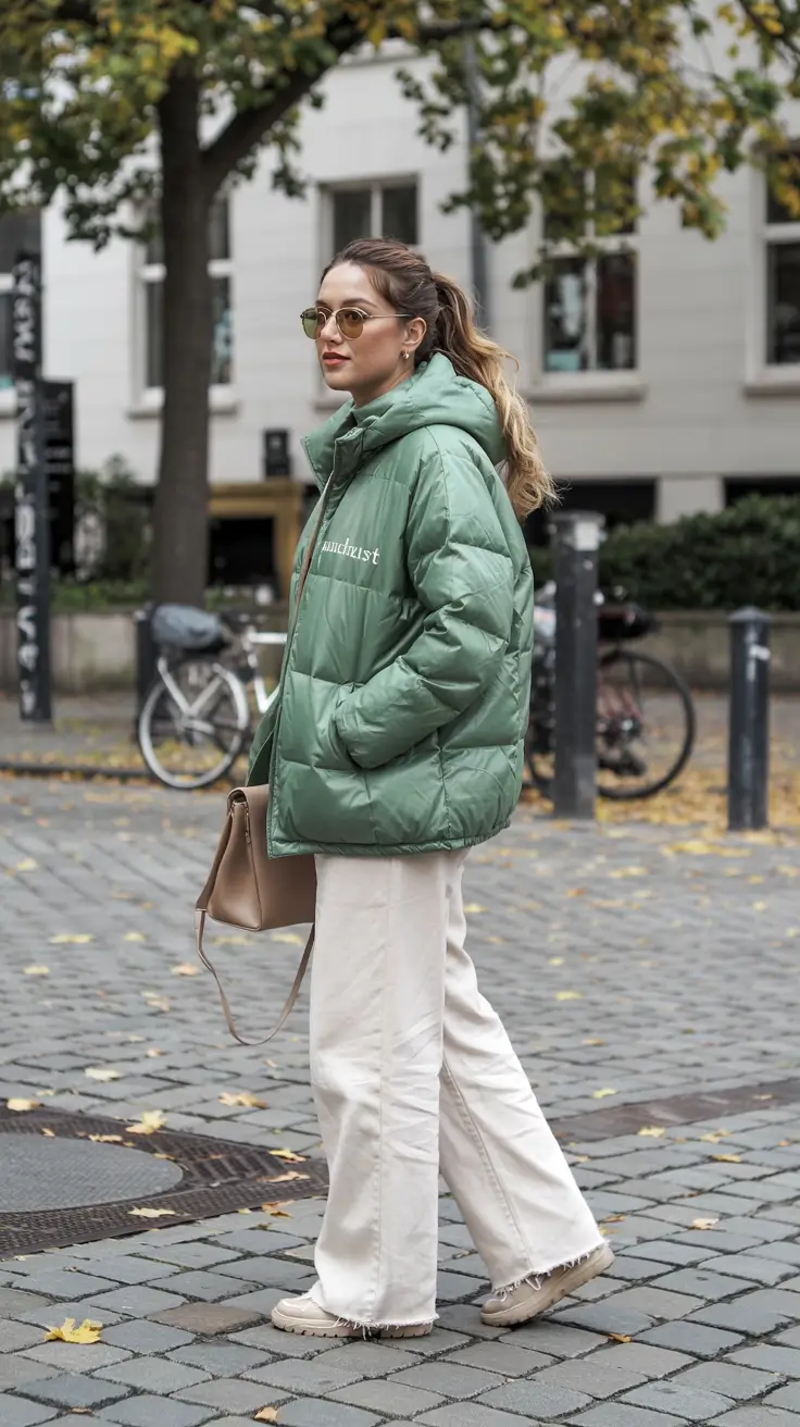 puffer jacket outfit Relaxed Green Layers for Crisp Days