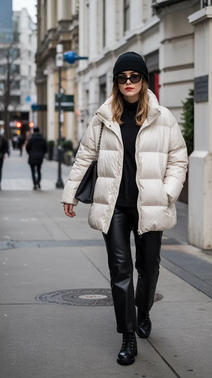 puffer jacket outfit Chic Cream and Black Combo
