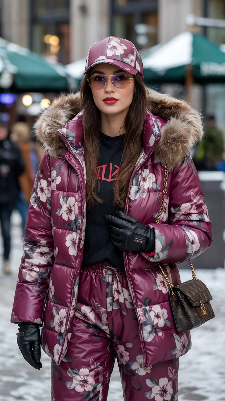 puffer jacket outfit Bold Florals in Burgundy