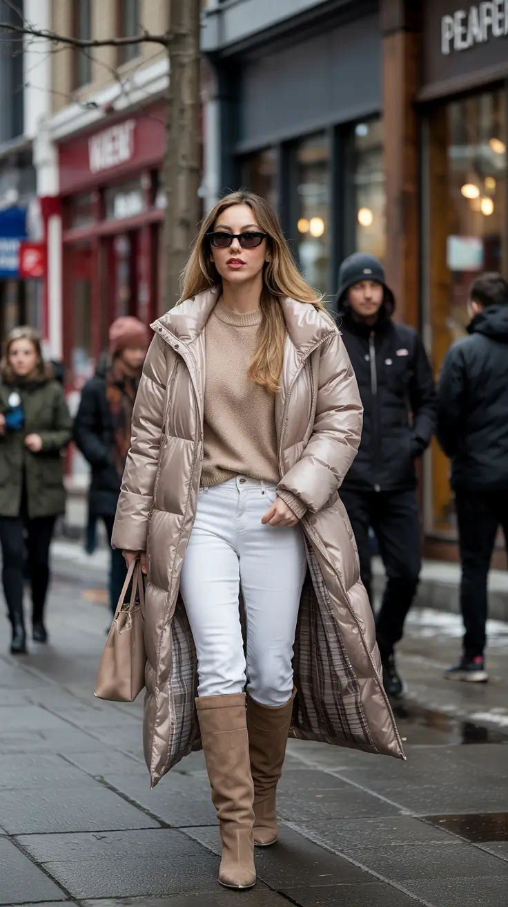 puffer jacket outfit Elegant Neutrals with a Chic Edge