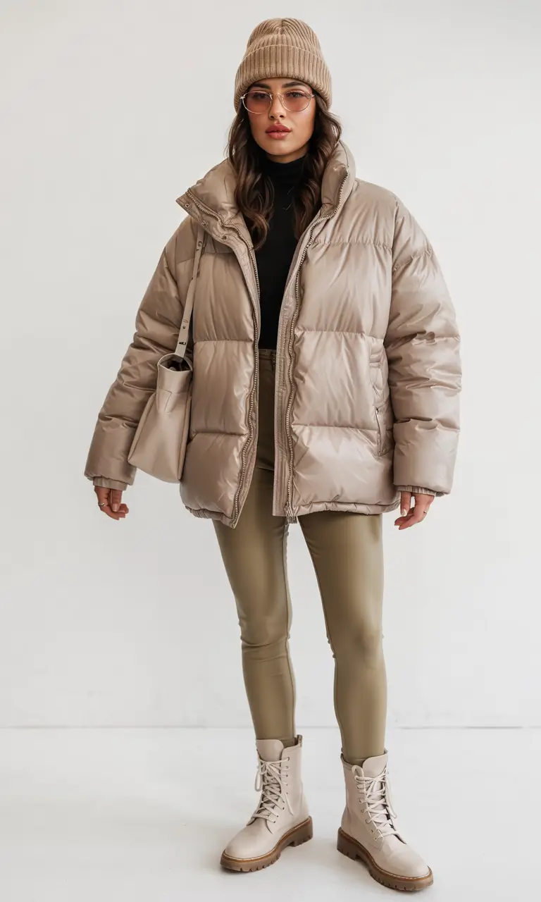 puffer jacket outfit Taupe Tones with Modern Minimalism