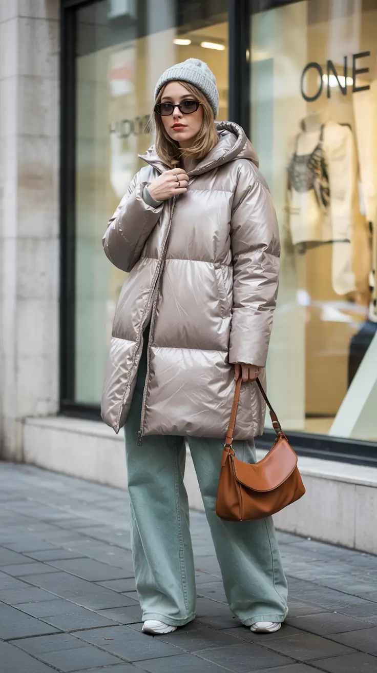 puffer jacket outfit Soft Metallics Meet Streetwear Cool