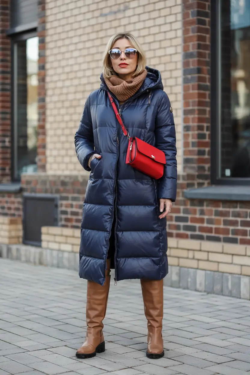 puffer jacket outfit Navy Classic with a Pop of Red