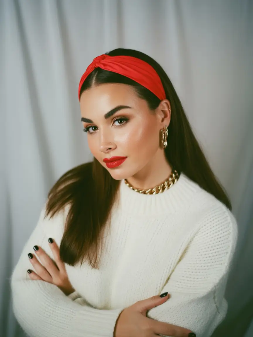 Cute Hairstyles for Winter 2025-2026 Polished Headband Look with a Bold Pop