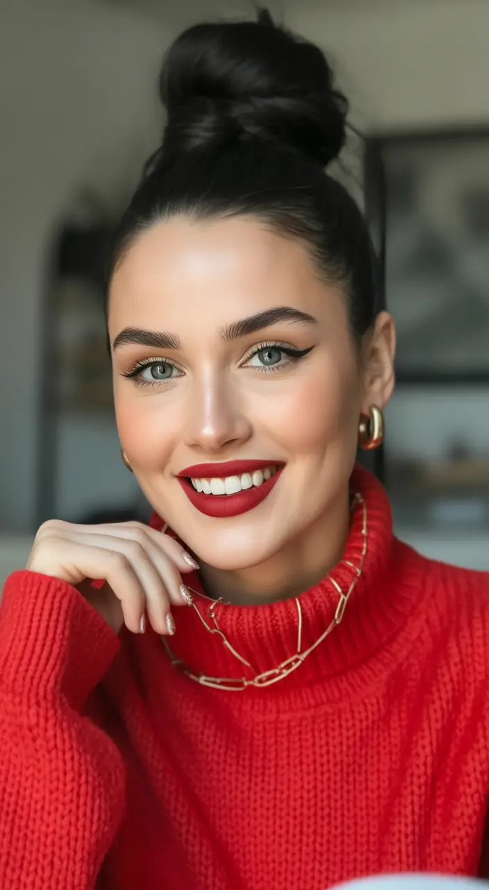 Cute Hairstyles for Winter 2025-2026 Classic High Bun with a Winter Glow