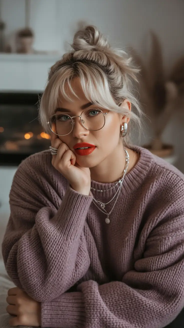 Cute Hairstyles for Winter 2025-2026 Messy Top Bun with Soft Curtain Bangs