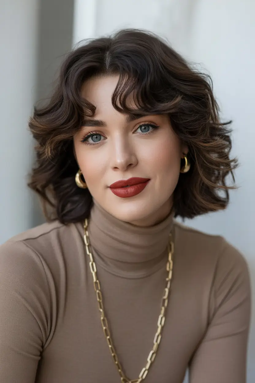 Cute Winter Haircuts 2025-2026 Inspiration Soft Chocolate Waves with Retro Bangs