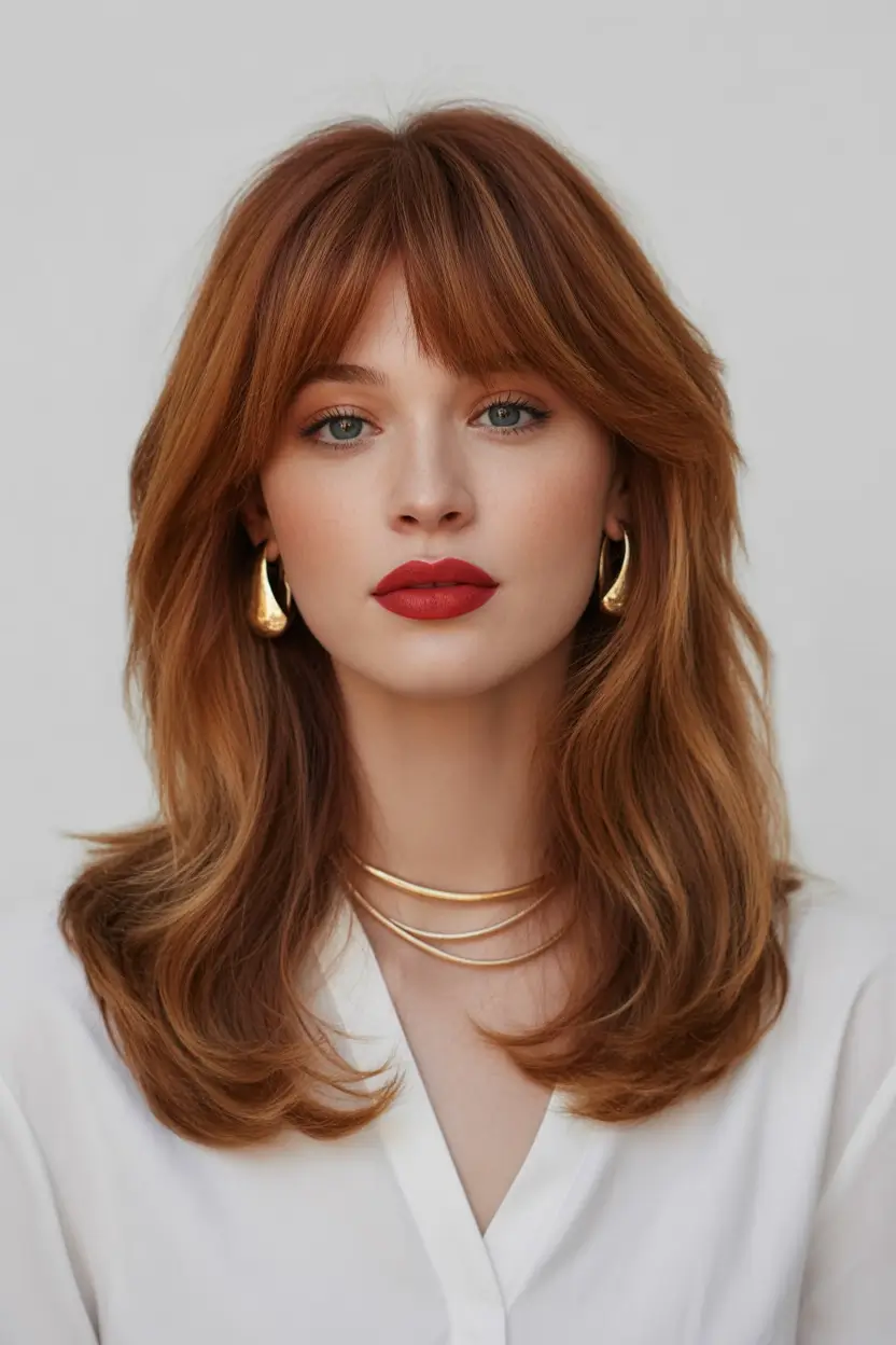 Cute Winter Haircuts 2025-2026 Inspiration Rusty Auburn Layers with Full Fringe