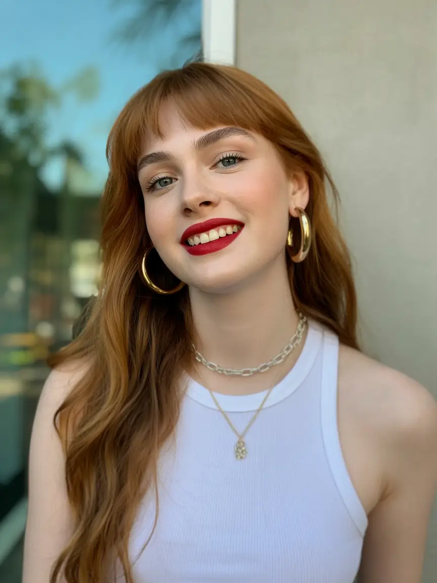 Cute Winter Haircuts 2025-2026 Inspiration Long Cinnamon Layers with Baby Bangs