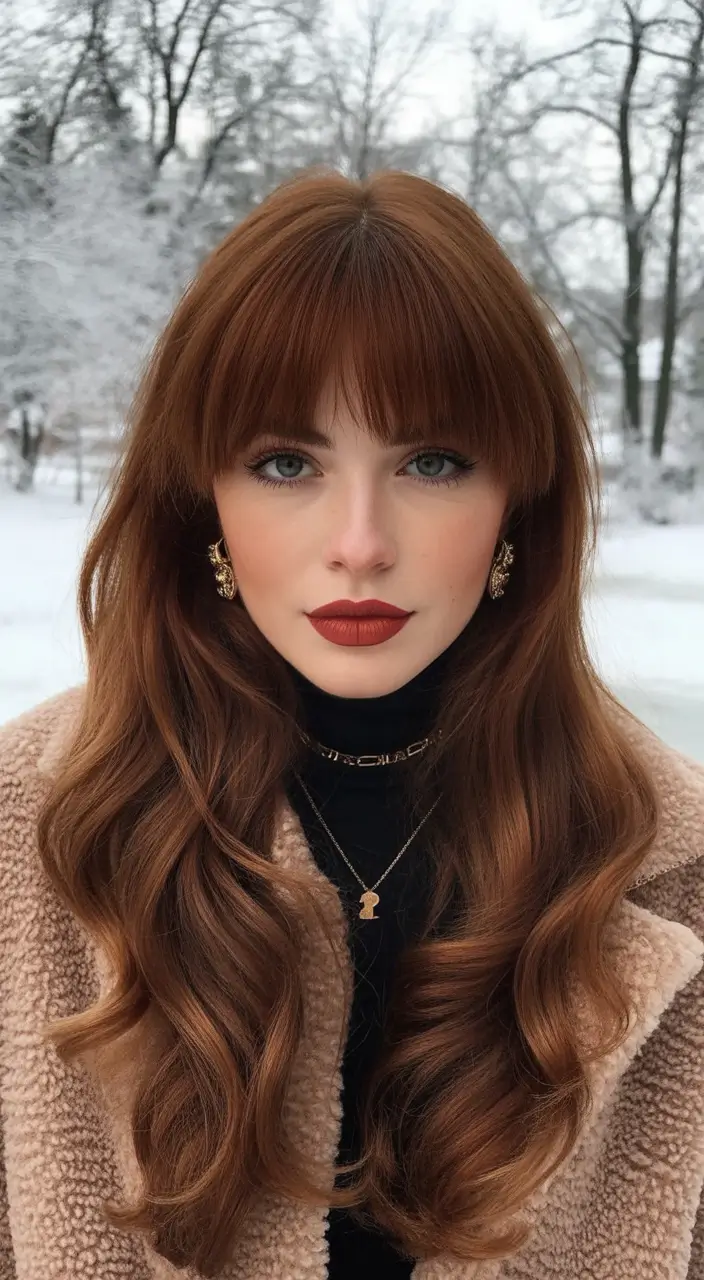 Cute Winter Haircuts 2025-2026 Inspiration Rich Cinnamon Waves with Classic Bangs