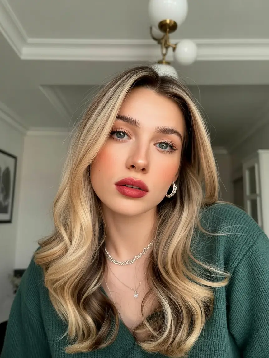 Cute Winter Haircuts 2025-2026 Inspiration Soft Blonde Waves with a Modern Middle Part