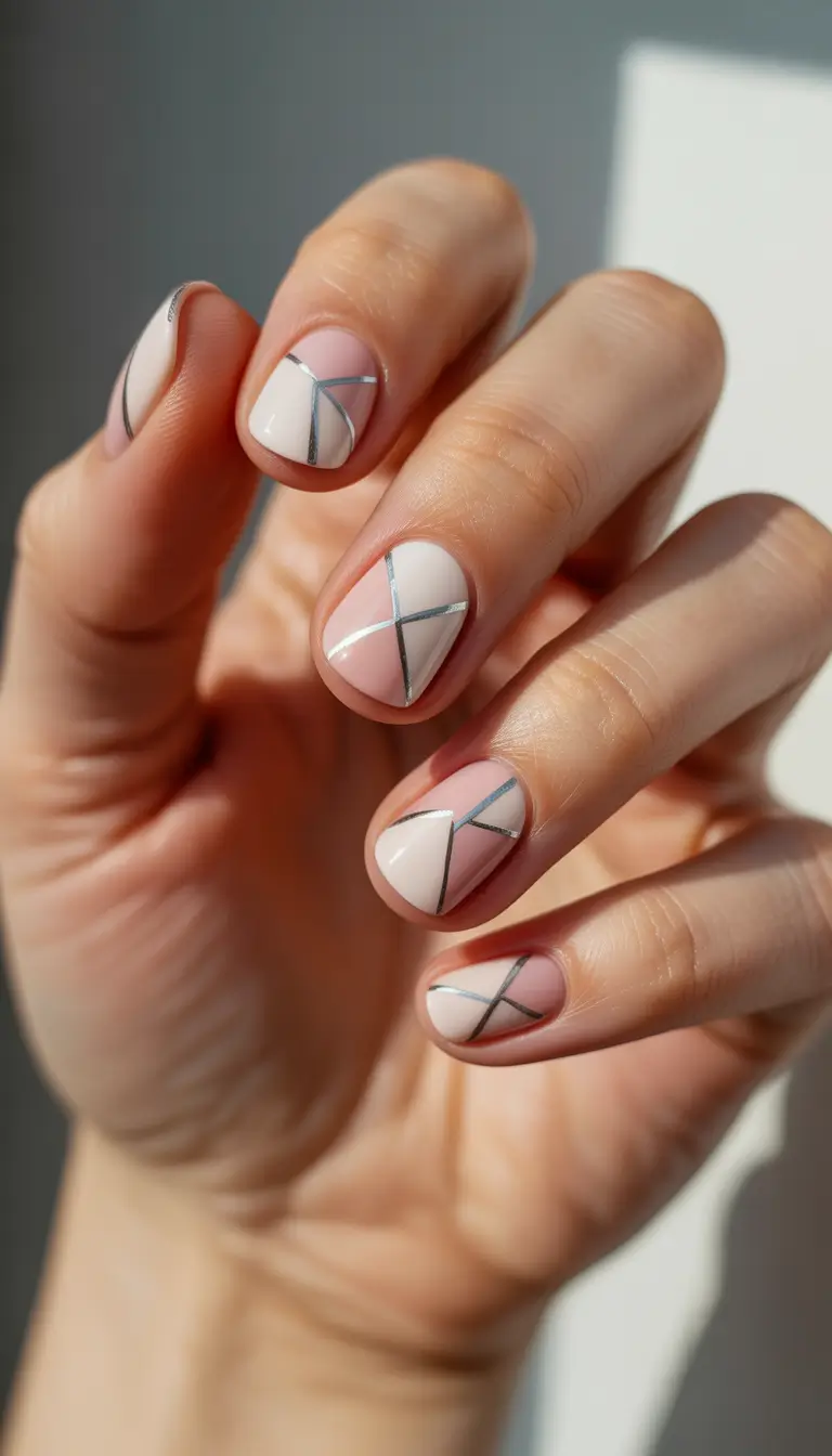 cute winter nails 2025-2026 silver geometry on blush base