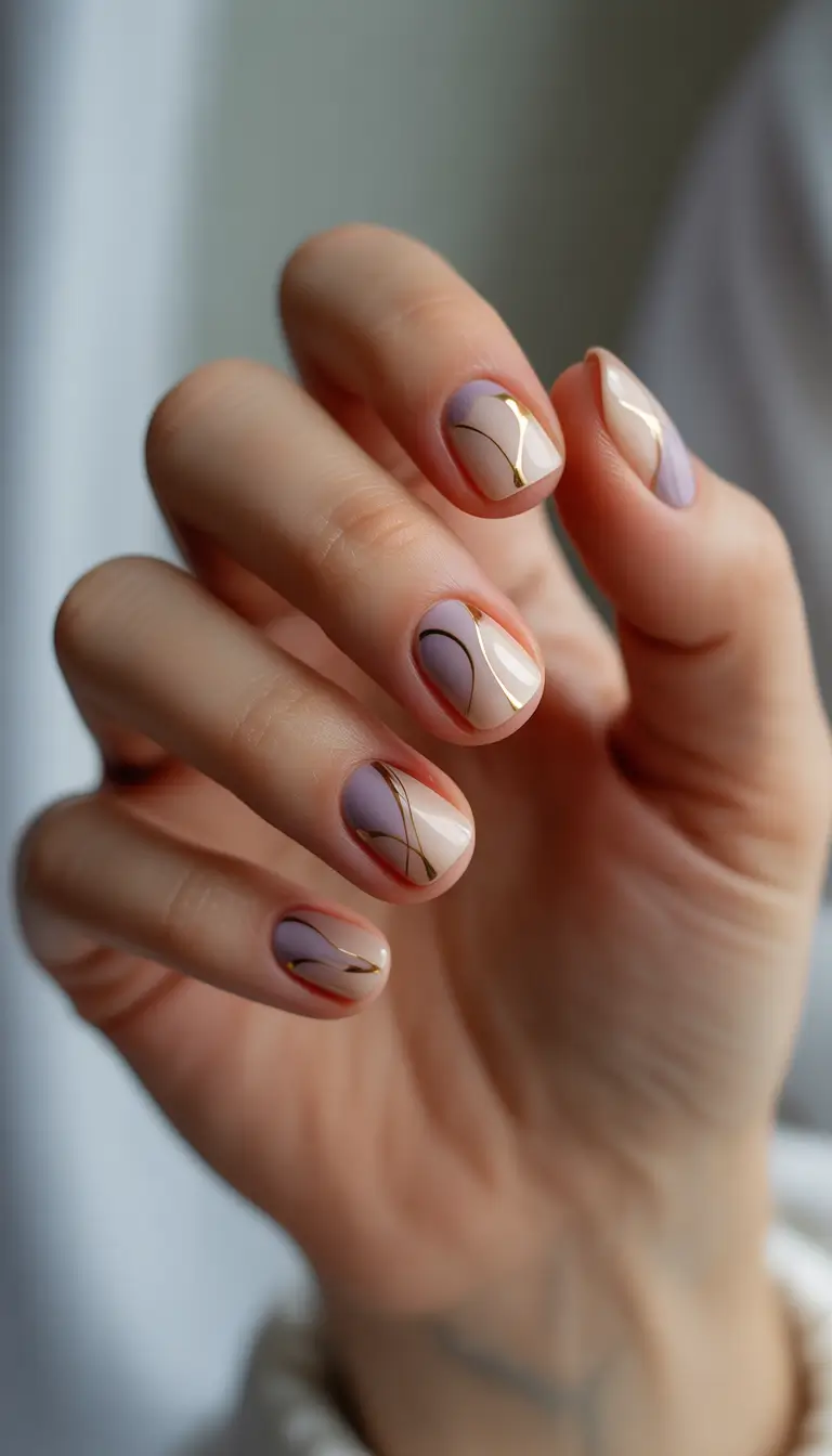 cute winter nails 2025-2026 golden veins on soft lavender
